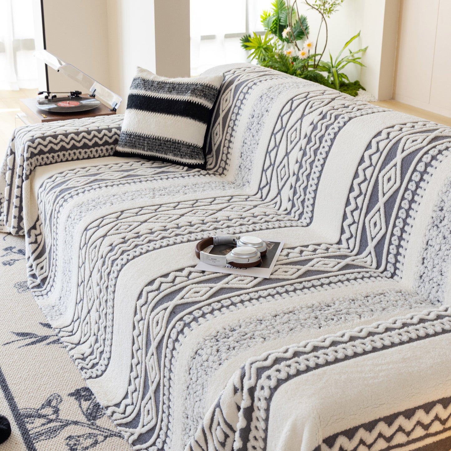Bohemian Tufted Sofa Cover, Plush Sherpa Throw Blanket with 3D Woven Aztec Stripes