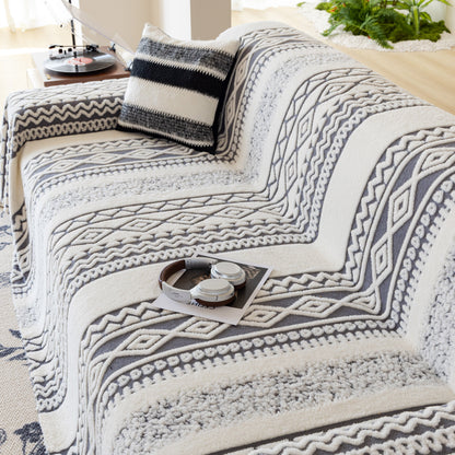 Bohemian Tufted Sofa Cover, Plush Sherpa Throw Blanket with 3D Woven Aztec Stripes