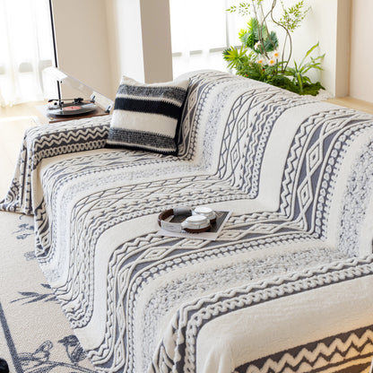 Bohemian Tufted Sofa Cover, Plush Sherpa Throw Blanket with 3D Woven Aztec Stripes