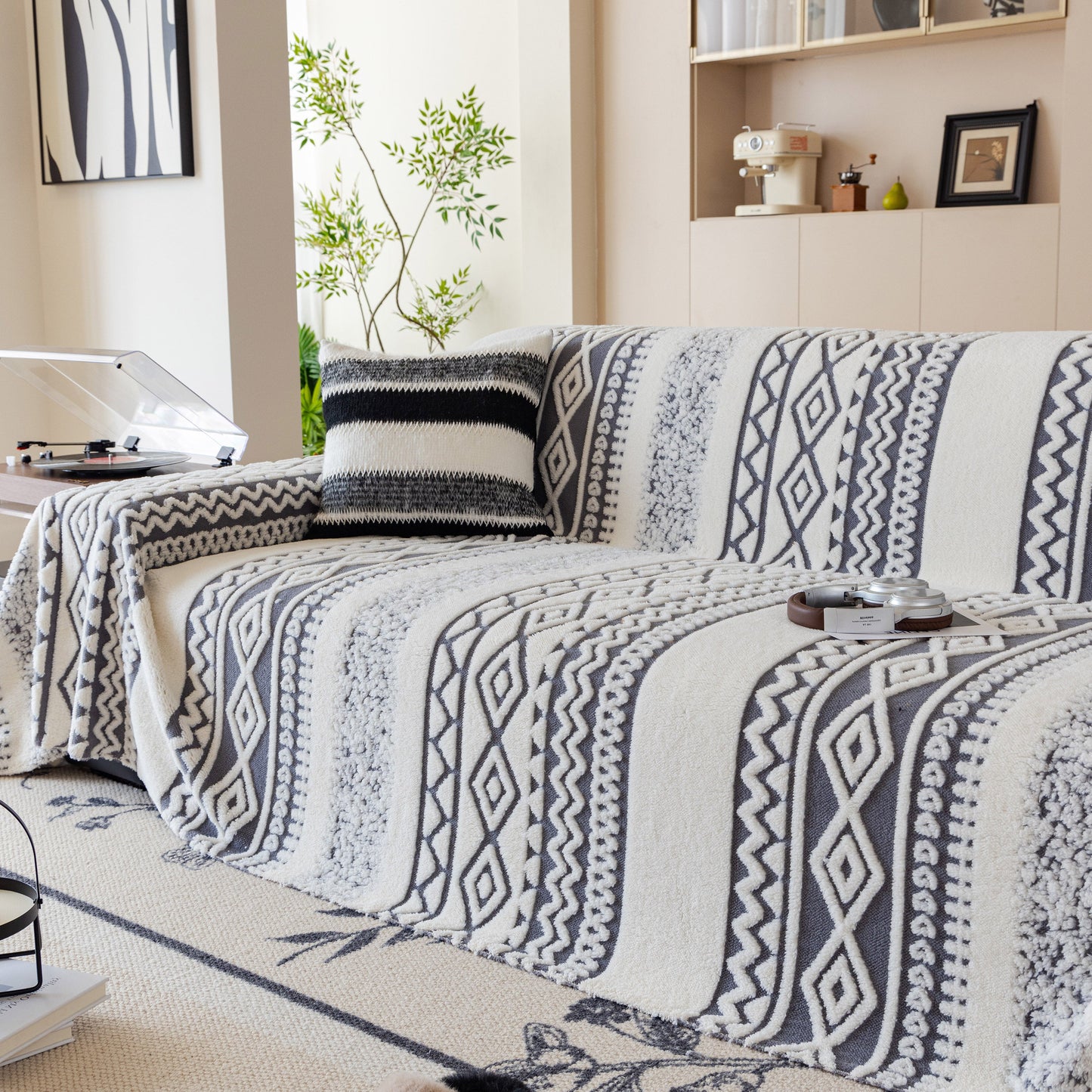Bohemian Tufted Sofa Cover, Plush Sherpa Throw Blanket with 3D Woven Aztec Stripes