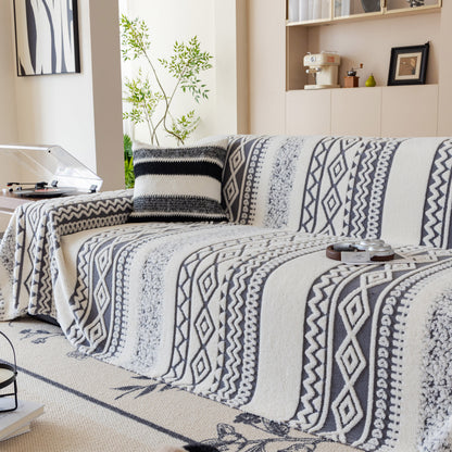 Bohemian Tufted Sofa Cover, Plush Sherpa Throw Blanket with 3D Woven Aztec Stripes