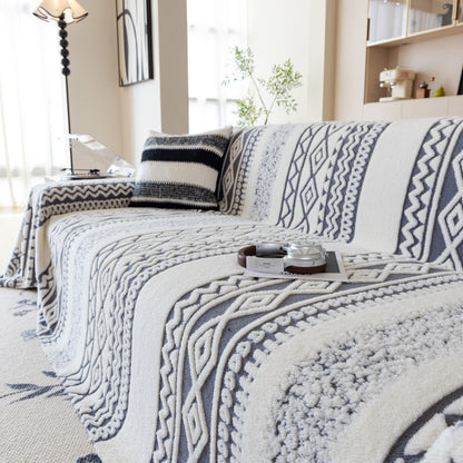 Bohemian Tufted Sofa Cover, Plush Sherpa Throw Blanket with 3D Woven Aztec Stripes