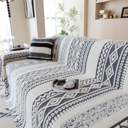 Bohemian Tufted Sofa Cover, Plush Sherpa Throw Blanket with 3D Woven Aztec Stripes