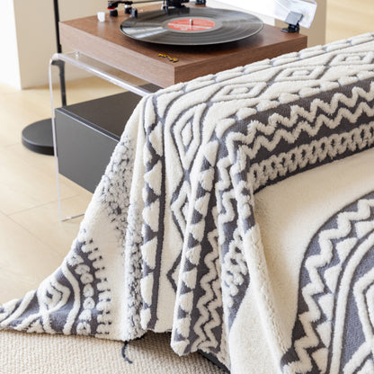 Bohemian Tufted Sofa Cover, Plush Sherpa Throw Blanket with 3D Woven Aztec Stripes