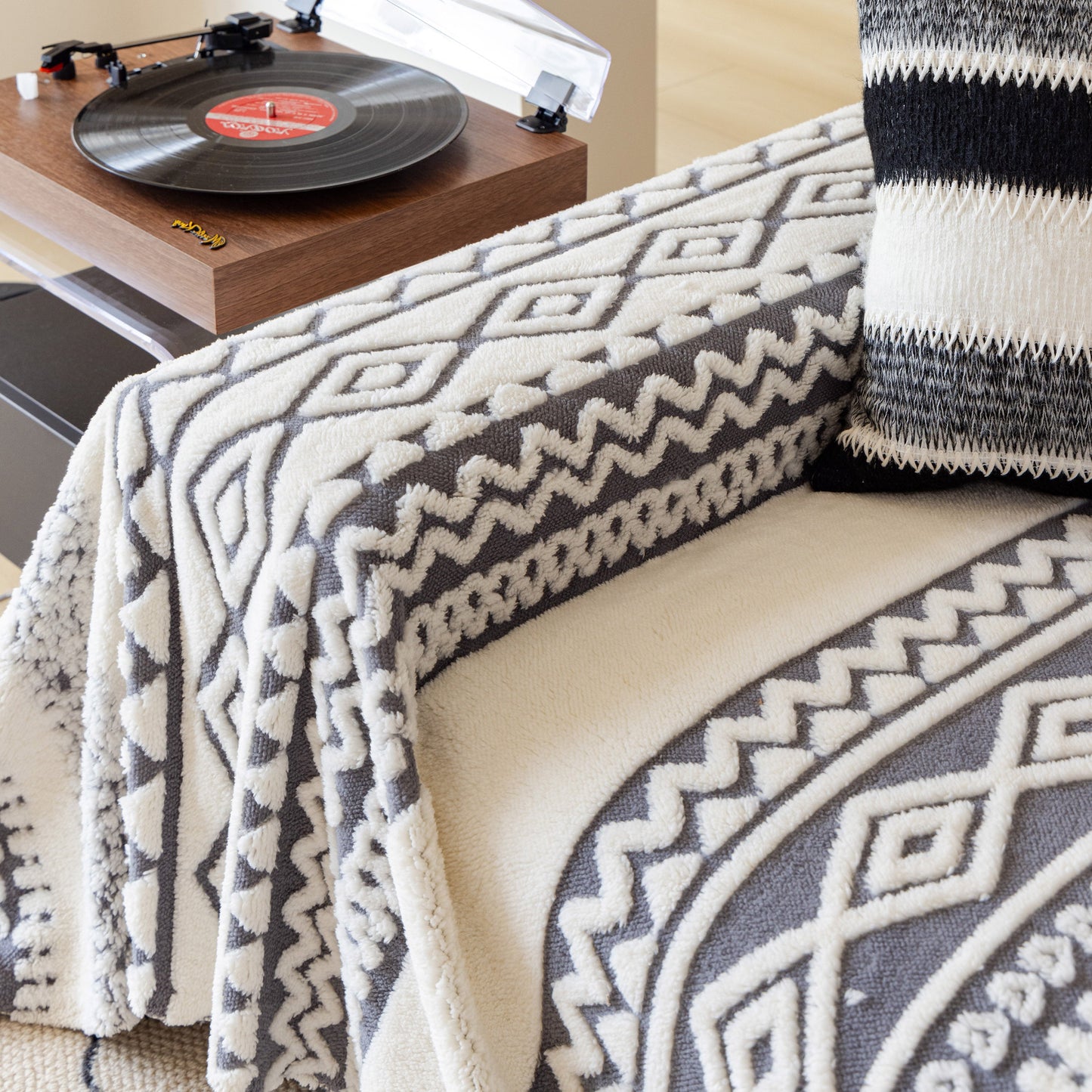 Bohemian Tufted Sofa Cover, Plush Sherpa Throw Blanket with 3D Woven Aztec Stripes