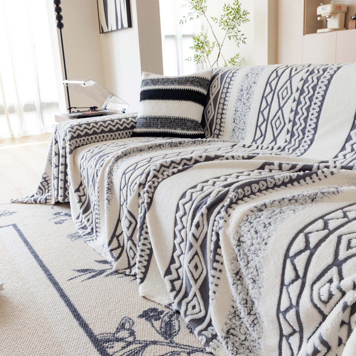 Bohemian Tufted Sofa Cover, Plush Sherpa Throw Blanket with 3D Woven Aztec Stripes