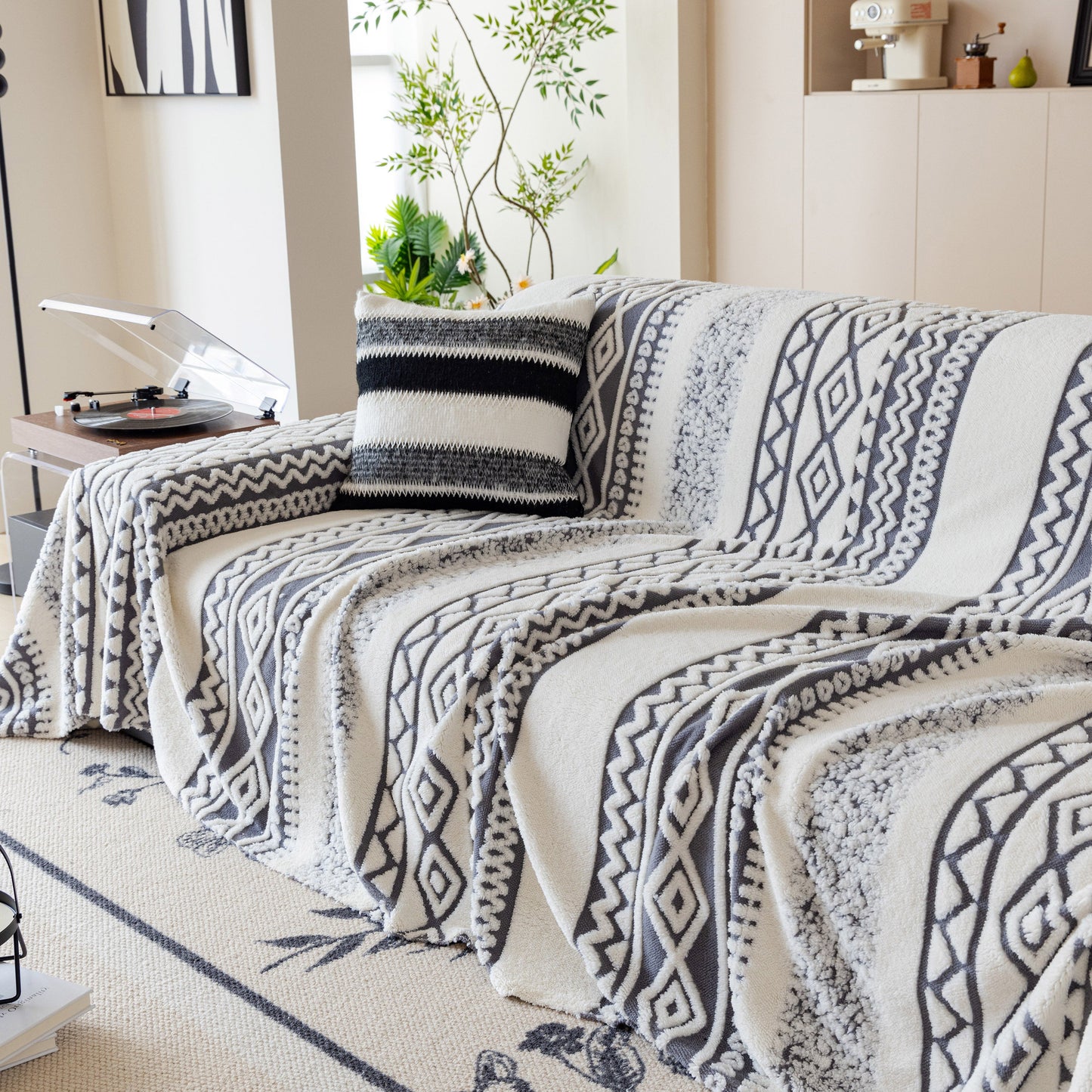 Bohemian Tufted Sofa Cover, Plush Sherpa Throw Blanket with 3D Woven Aztec Stripes