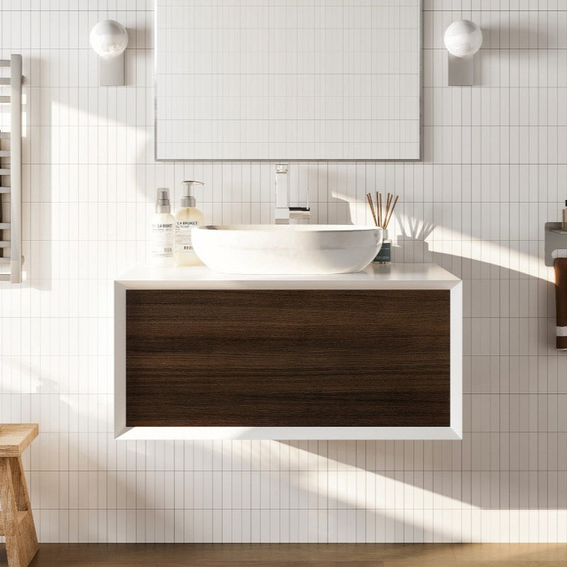 Eviva Santa Monica Wall Mount Bath Vanity with Acrylic Top and Vessel Solid Surface Sink (30"-36")