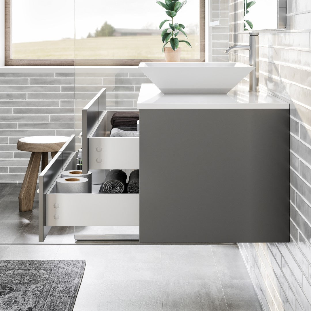 Eviva Wave Wall Mount Bath Vanity with White Quartz Top and Vessel Porcelain Sink (24"-72")