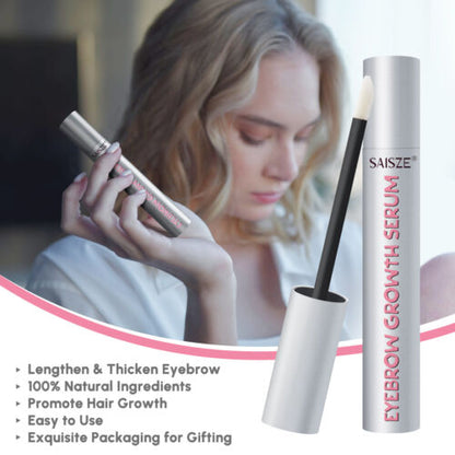 SAISIZE eyebrow growth serum with a woman holding it, set against a blurred indoor background.