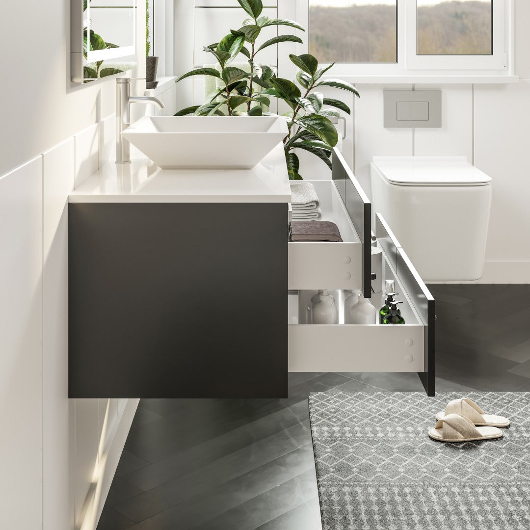 Eviva Wave Wall Mount Bath Vanity with White Quartz Top and Vessel Porcelain Sink (24"-72")