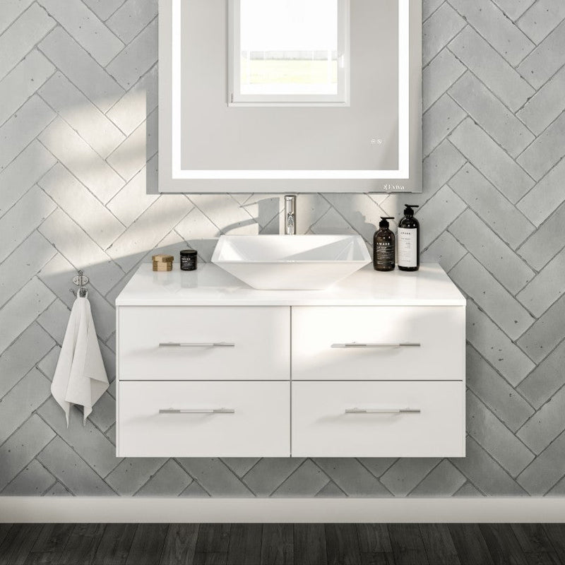 Eviva Wave Wall Mount Bath Vanity with White Quartz Top and Vessel Porcelain Sink (24"-72")