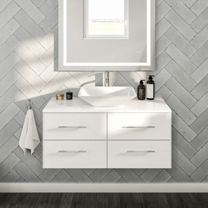 Eviva Wave Wall Mount Bath Vanity with White Quartz Top and Vessel Porcelain Sink (24"-72")