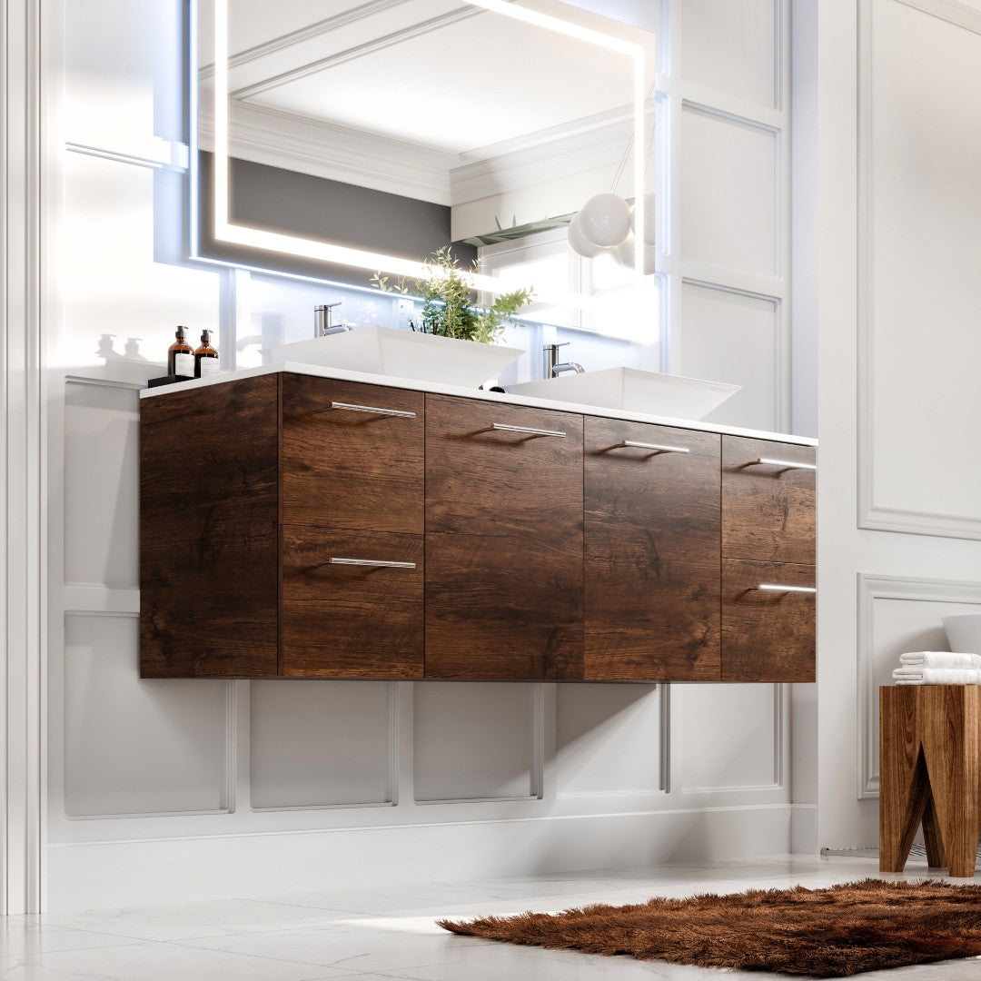 Eviva Luxurious Wall Mount Bath Vanity with White Quartz Top and Vessel Porcelain Sinks
