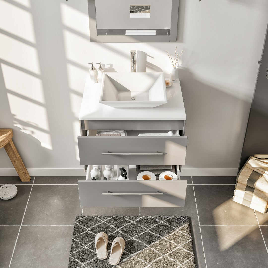 Eviva Wave Wall Mount Bath Vanity with White Quartz Top and Vessel Porcelain Sink (24"-72")