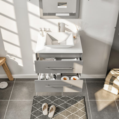 Eviva Wave Wall Mount Bath Vanity with White Quartz Top and Vessel Porcelain Sink (24"-72")