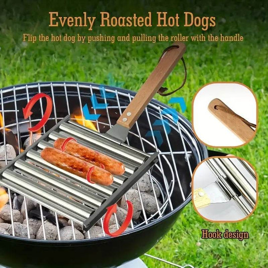 Stainless Steel Hot Dog Roller With Wooden Handle – BBQ Essential Tool
