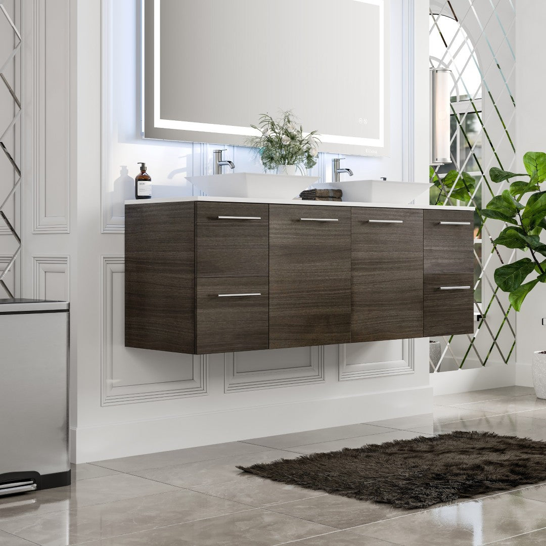 Eviva Luxurious Wall Mount Bath Vanity with White Quartz Top and Vessel Porcelain Sinks