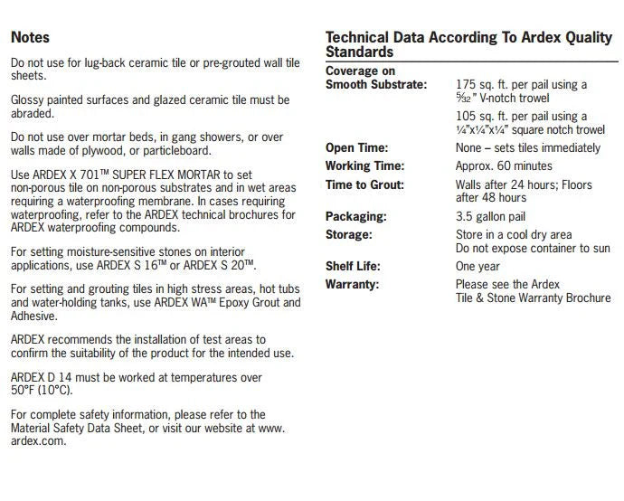 Ardex D 14 Mastic Type 1 Premixed Tile Adhesive