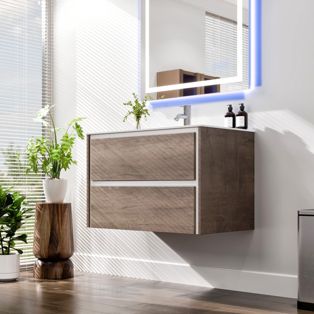 Eviva Luna Wall Mount Bath Vanity with Porcelain Top and Integrated Sink (24"-32")
