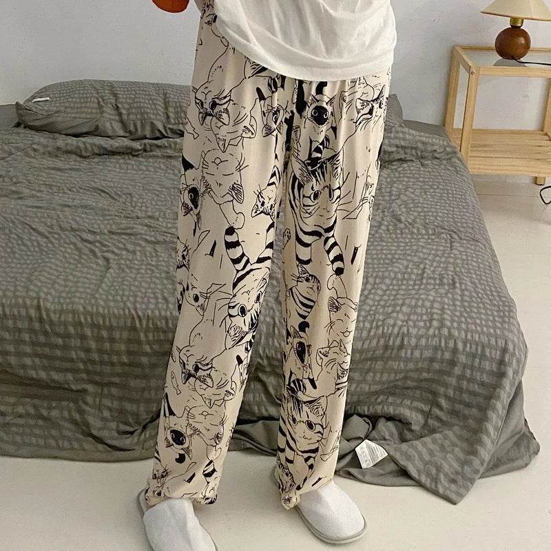 Cute Cat Print Pajama Trousers for Women Loose Fit Sleepwear Lounge Pants