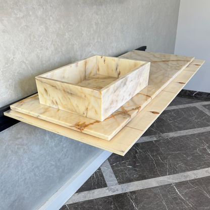 Custom Calacatta Gold Marble Sink – Handmade Natural Stone Bathroom Basin, Luxury Goldish Marble Vanity Top, Countertop and Sink (NS-084)