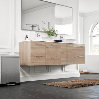 Eviva Luxy Wall Mount Bath Vanity with White Quartz Top and Vessel Porcelain Sinks