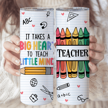 It Takes A Big Heart to Teach Little Minds - Personalized Custom 20oz Skinny Tumbler Cup - Personalized Custom Youth T Shirt - Back To School/ First Day Of School, Loving, Funny Gift for Teacher, Kindergarten, Preschool, Pre K, Paraprofessional
