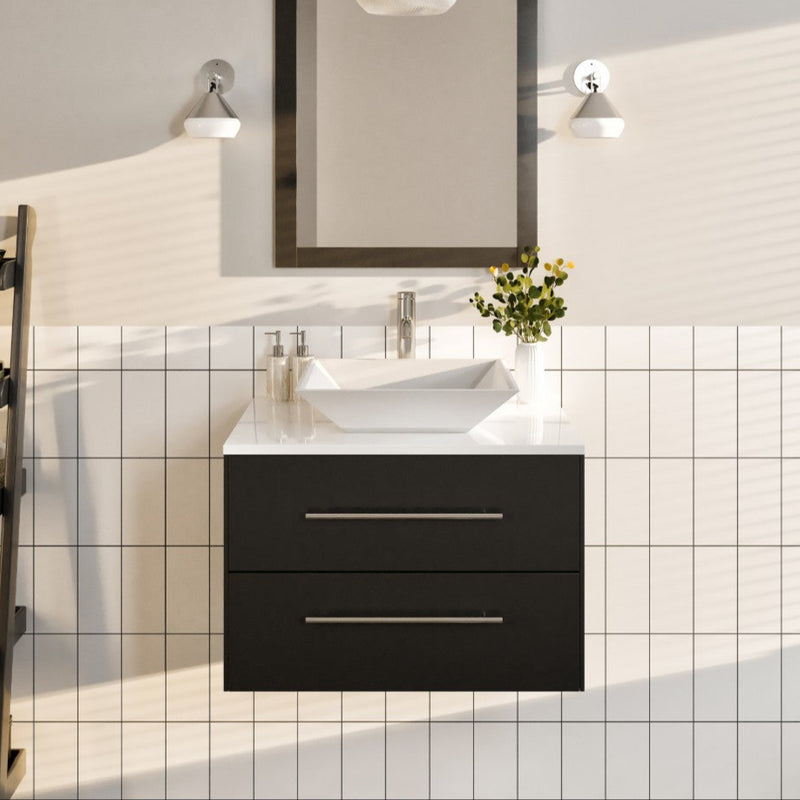 Eviva Wave Wall Mount Bath Vanity with White Quartz Top and Vessel Porcelain Sink (24"-72")