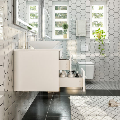 Eviva Wave Wall Mount Bath Vanity with White Quartz Top and Vessel Porcelain Sink (24"-72")