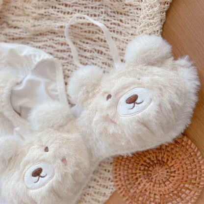 Women’s 2Pcs Furry Bra and Panty Set – Bear Pattern Fuzzy Plush Wireless Lingerie