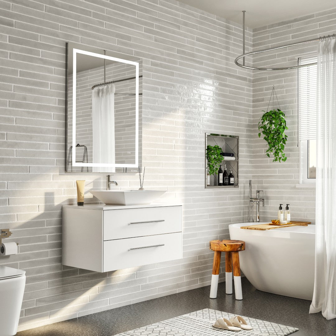 Eviva Wave Wall Mount Bath Vanity with White Quartz Top and Vessel Porcelain Sink (24"-72")