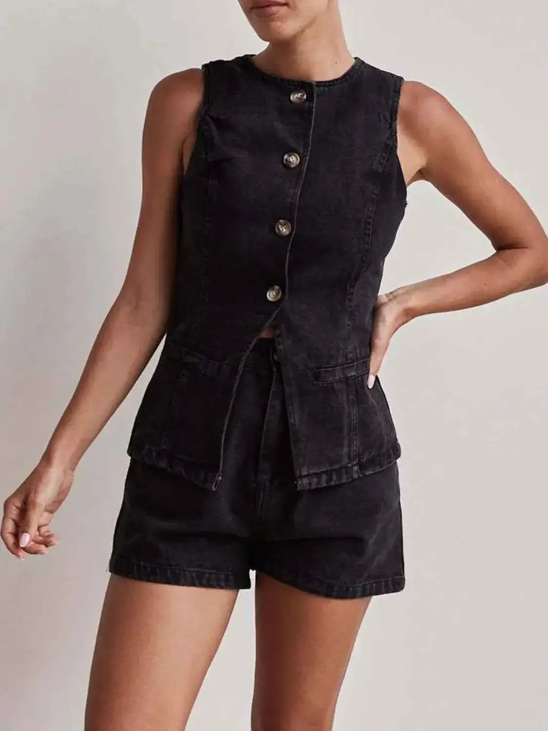 Button Down Vest and Shorts Denim Set
