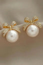 Gold Bowknot Pearl Earrings | Rhinestone Accent Jewelry - Femstylo