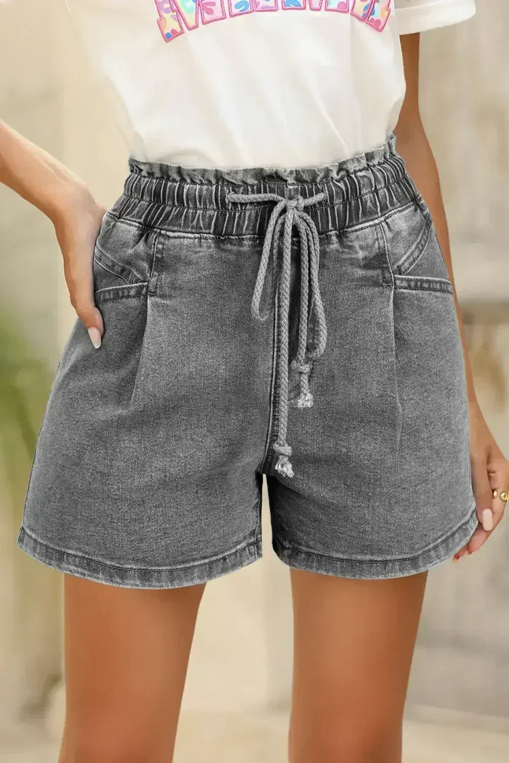Grey Drawstring High Waist Casual Denim Shorts