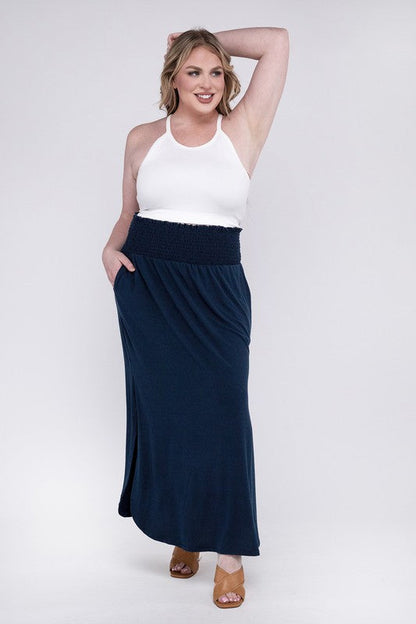 ZENANA Plus Smocked Waist Side Slit Maxi Skirt w/ Pockets