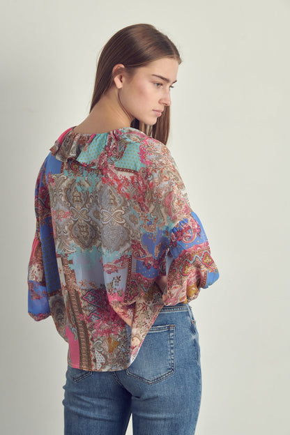 Ruffled V-Neck Patchwork Blouse | Apparel | Kitchen + Metal