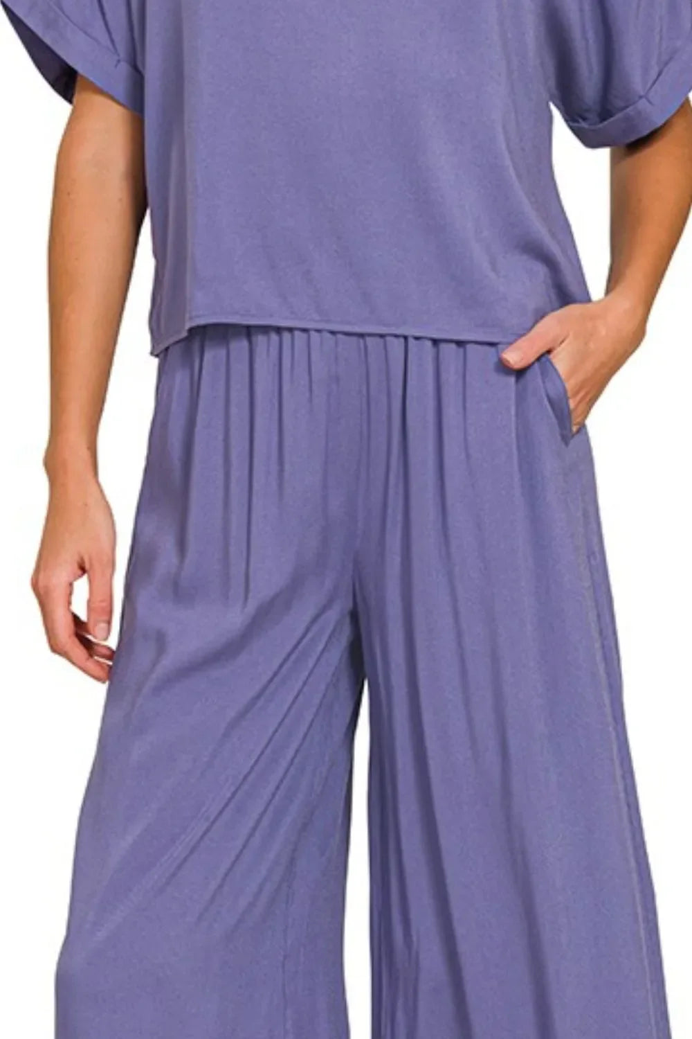 Zenana Round Neck T-Shirt and Wide Leg Pants Set - Marlin