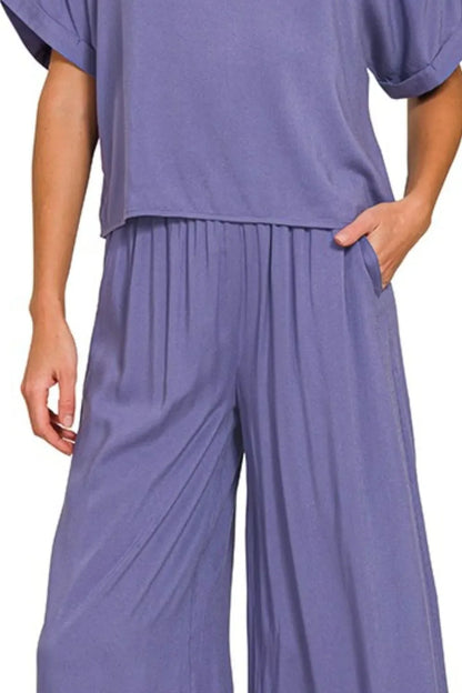 Zenana Round Neck T-Shirt and Wide Leg Pants Set - Marlin