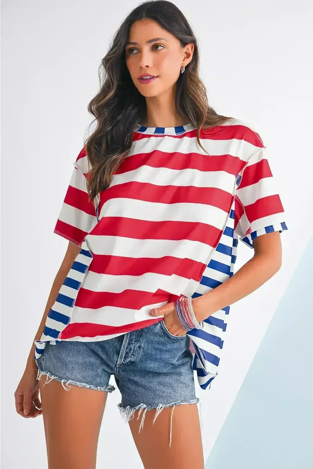 Red Stripe Loose Casual Color Block T Shirt