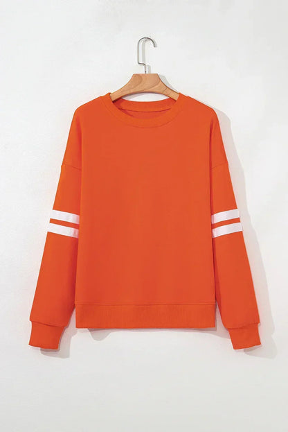 Fiery Red Preppy Striped Sleeve Loose Sweatshirt