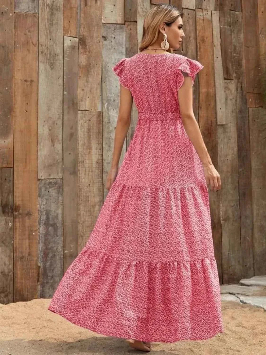 Printed V-Neck Maxi Dress with Ruffle Sleeves