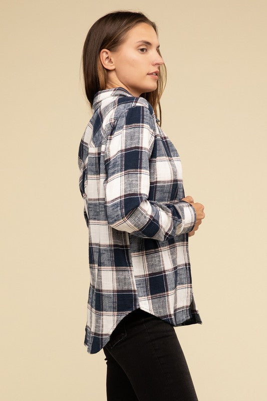 ZENANA Cotton Plaid Shacket With Front Pocket