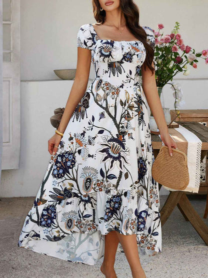 Devine Smocked Maxi Dress - Printed Short Sleeve Women's  Dress