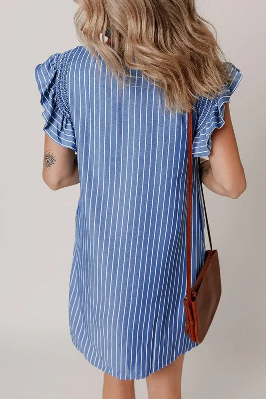 Sky Blue Stripe Frilly Split Neck Shirred Ruffle Sleeve Mini Shift Dress