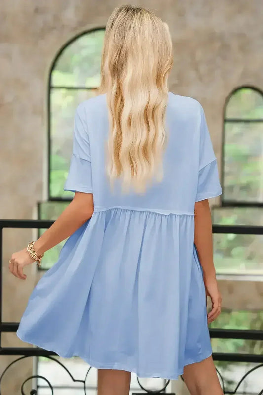 Sky Blue Solid Color Pocket Raw Edge Babydoll Dress