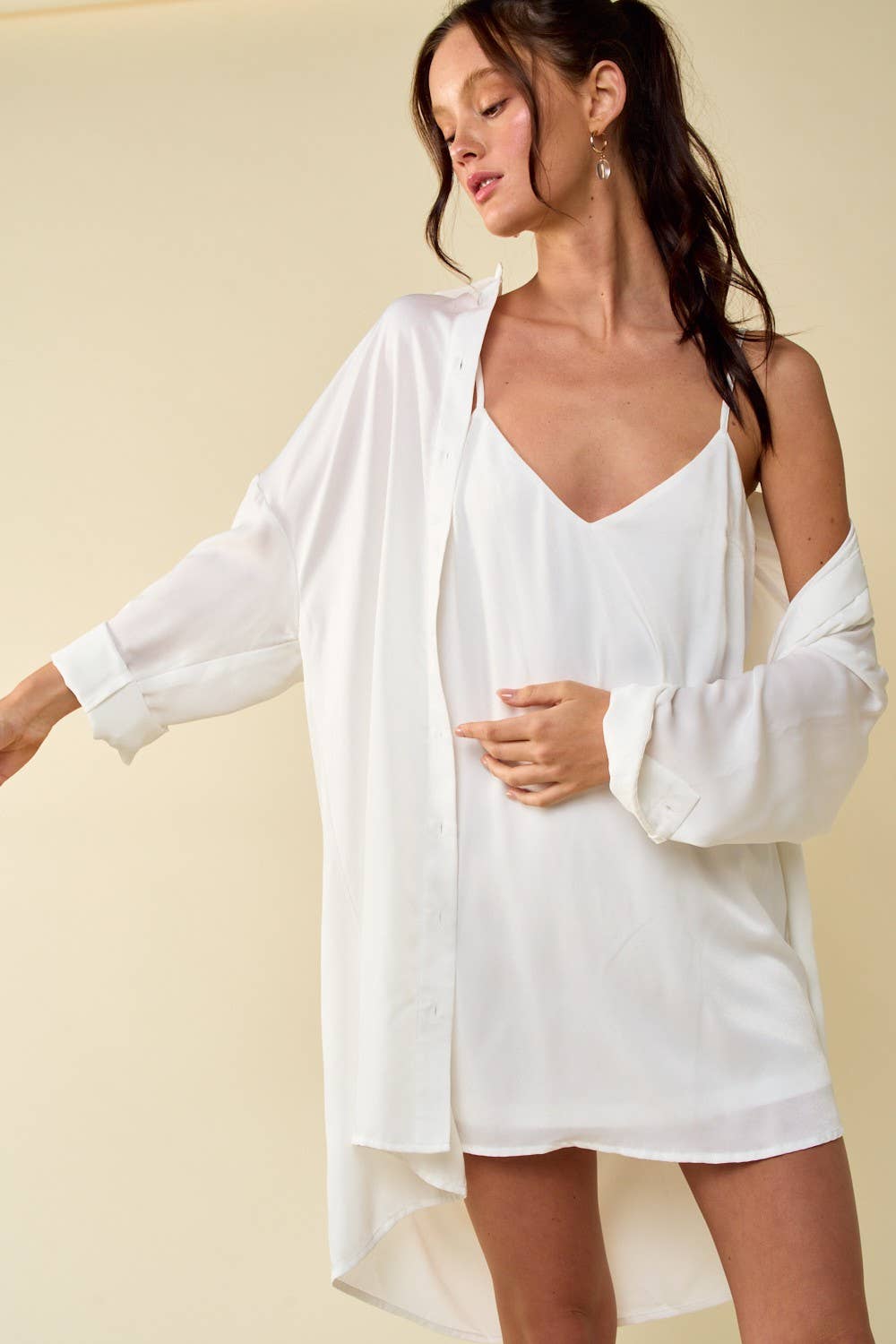 Satin Slip-On Dress and Shirt Set in Cognac [Sizes SM-L]