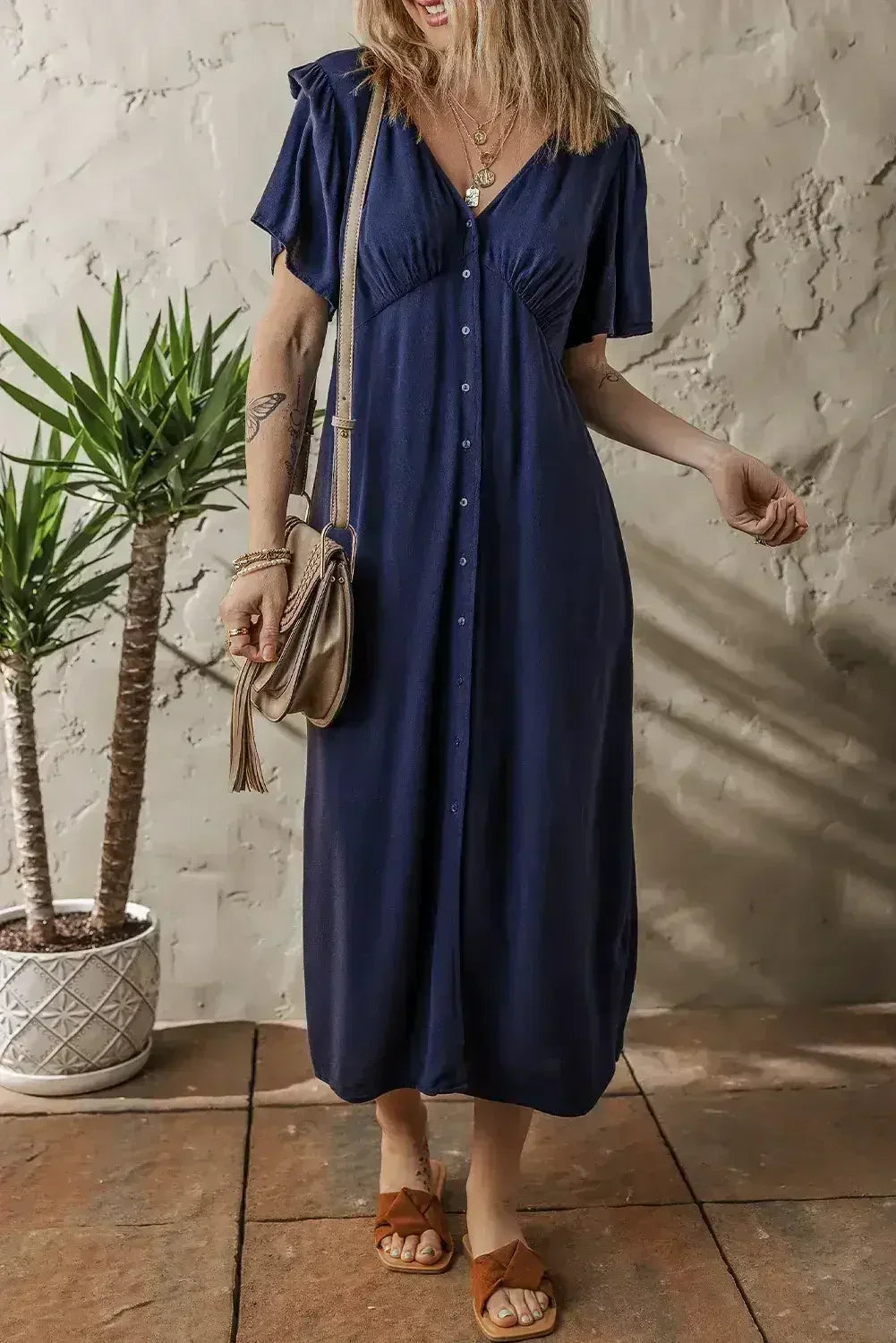 Navy Blue V Neck Buttoned Front Shirred Back Short Sleeve Midi Dress