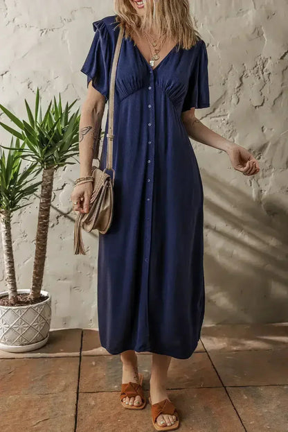 Navy Blue V Neck Buttoned Front Shirred Back Short Sleeve Midi Dress