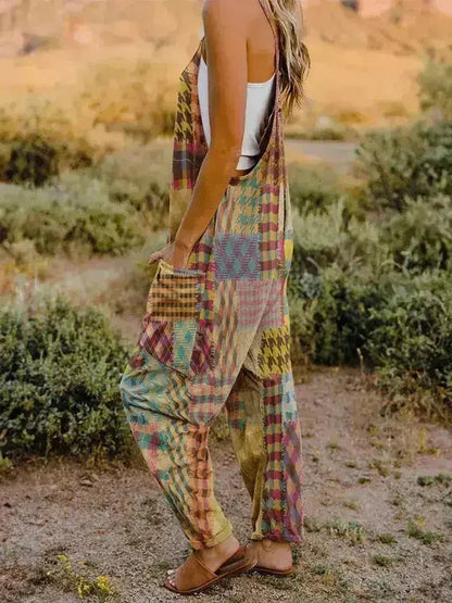 Printed V-Neck Jumpsuit - Sleeveless Romper with Pockets